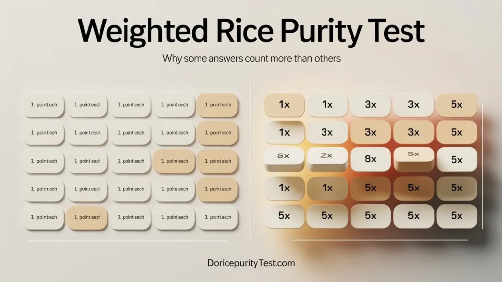 Diagram explaining how the weighted Rice Purity Test scoring system works using different point values and weighted multipliers for each question.