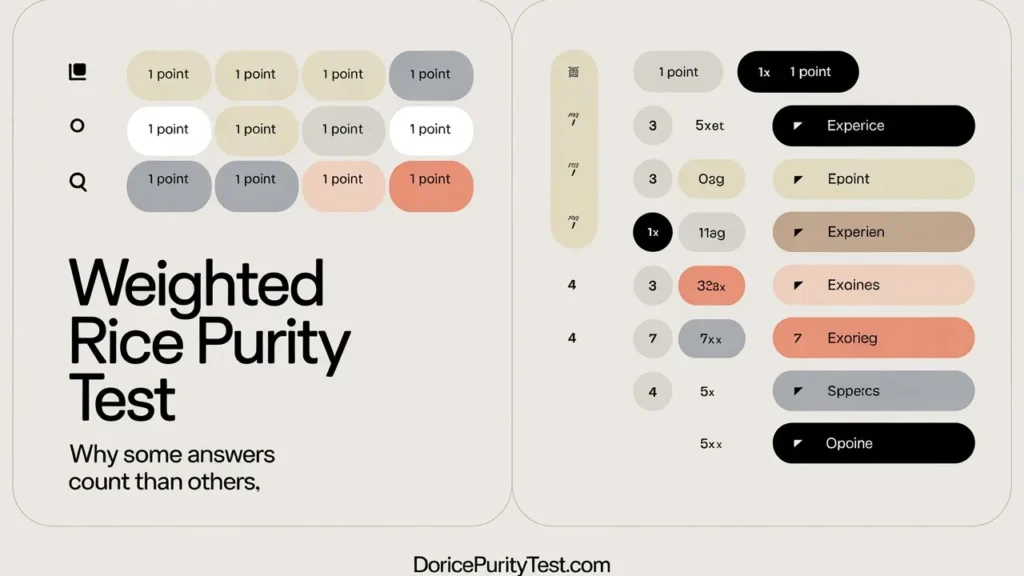 Weighted Rice Purity Test vs standard Rice Purity Test scoring comparison showing how different experiences carry different point values instead of equal scoring for every answer.